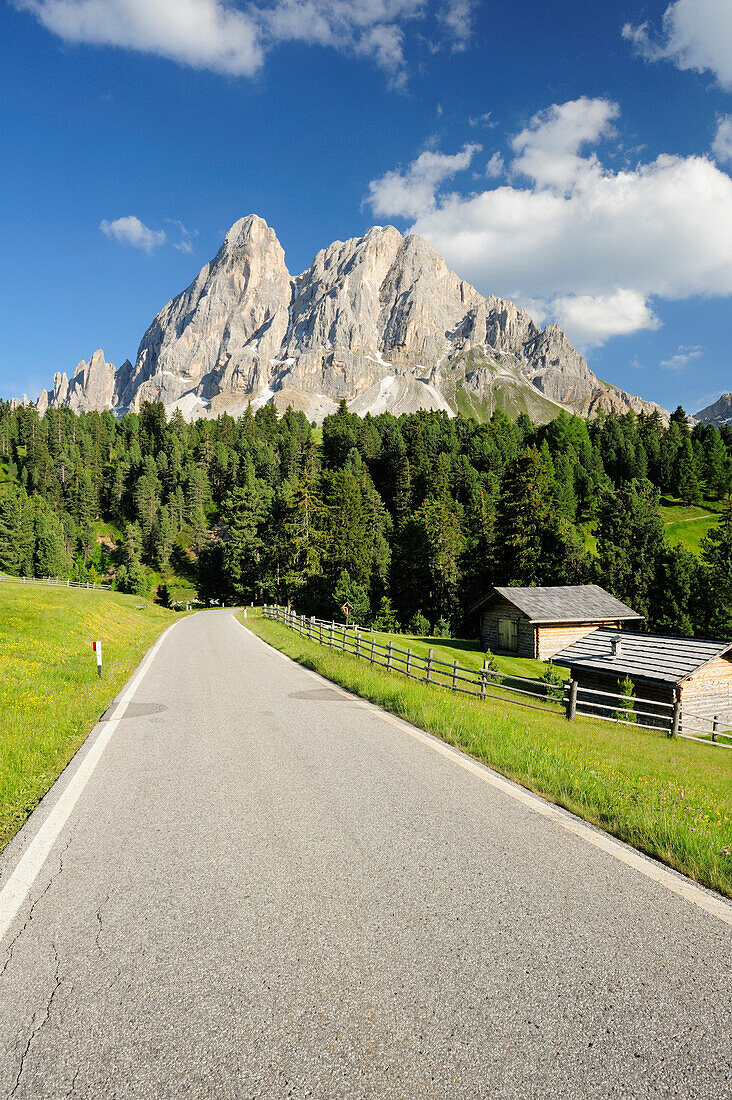 Street in the mountains leading towards Peitlerkofel, Dolomites, UNESCO World Heritage Site Dolomites, South Tyrol, Italy