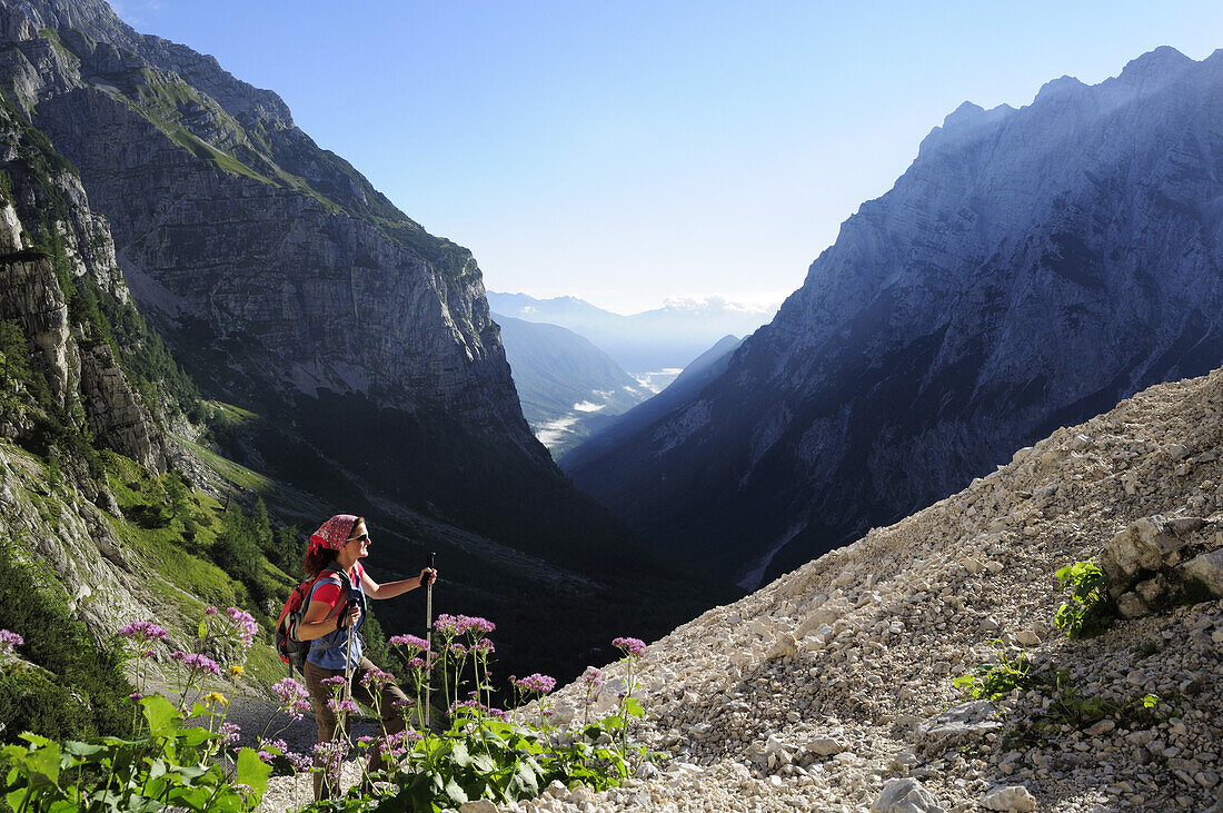 Woman ascending to Triglav, Vrata valley, Triglav National Park, Julian Alps, Slovenia
