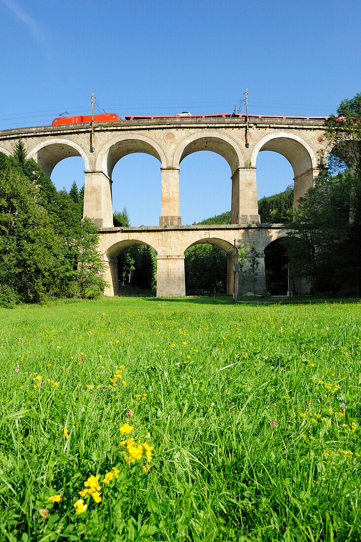 Zug fährt über Kalte Rinn Viadukt, Semmeringbahn, UNESCO Weltkulturerbe Semmeringbahn, Niederösterreich, Österreich