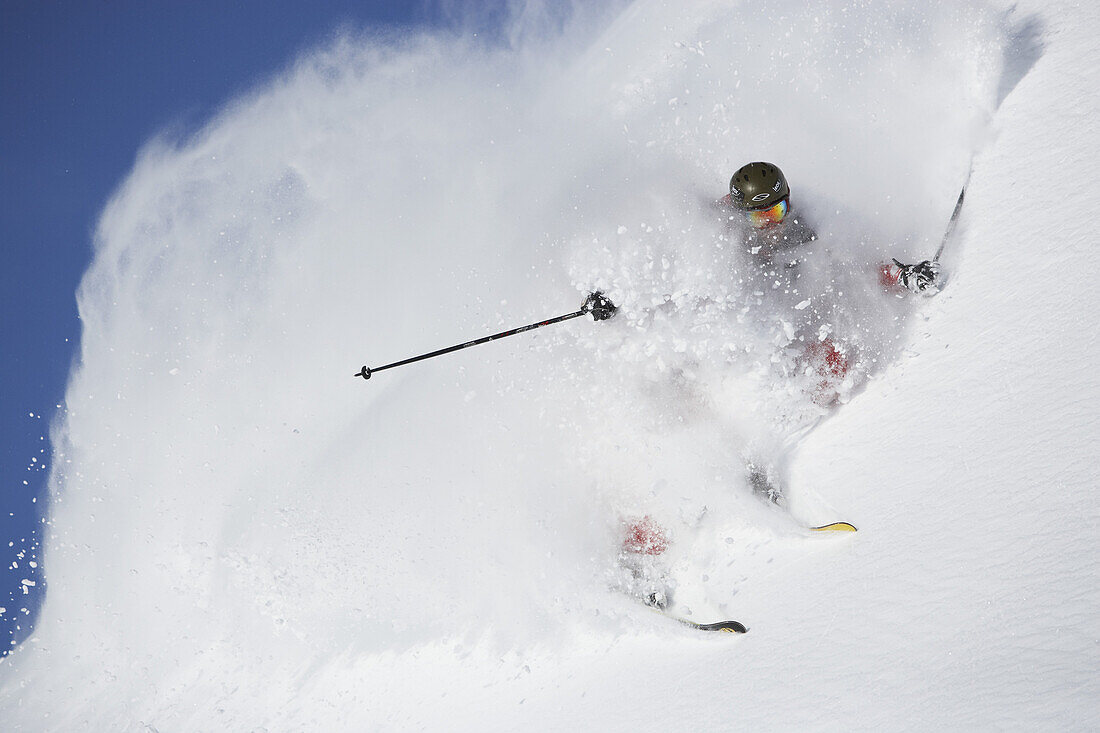 Skier in deep powder snow, Parsenn, Davos, Canton of Grisons, Switzerland