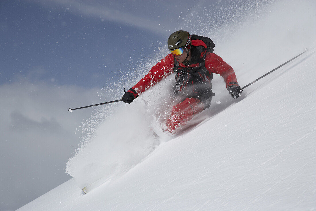 Skier in deep powder snow, Parsenn, Davos, Canton of Grisons, Switzerland