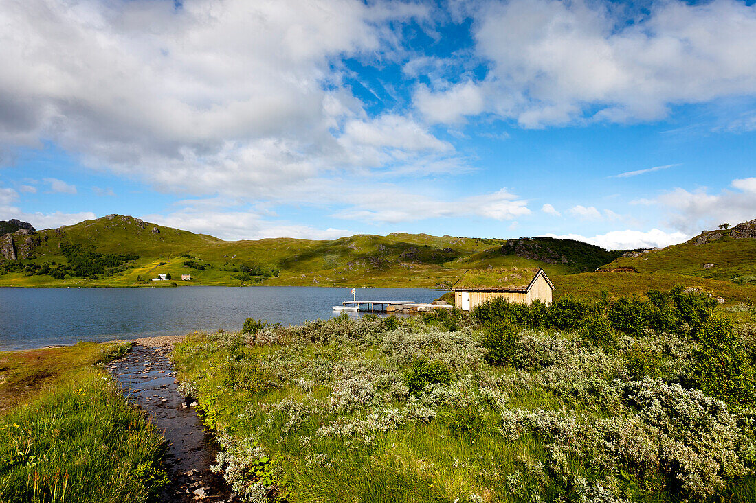 House at Lake, Vestvågøya island, Lofoten Islands, North Norway, Norway