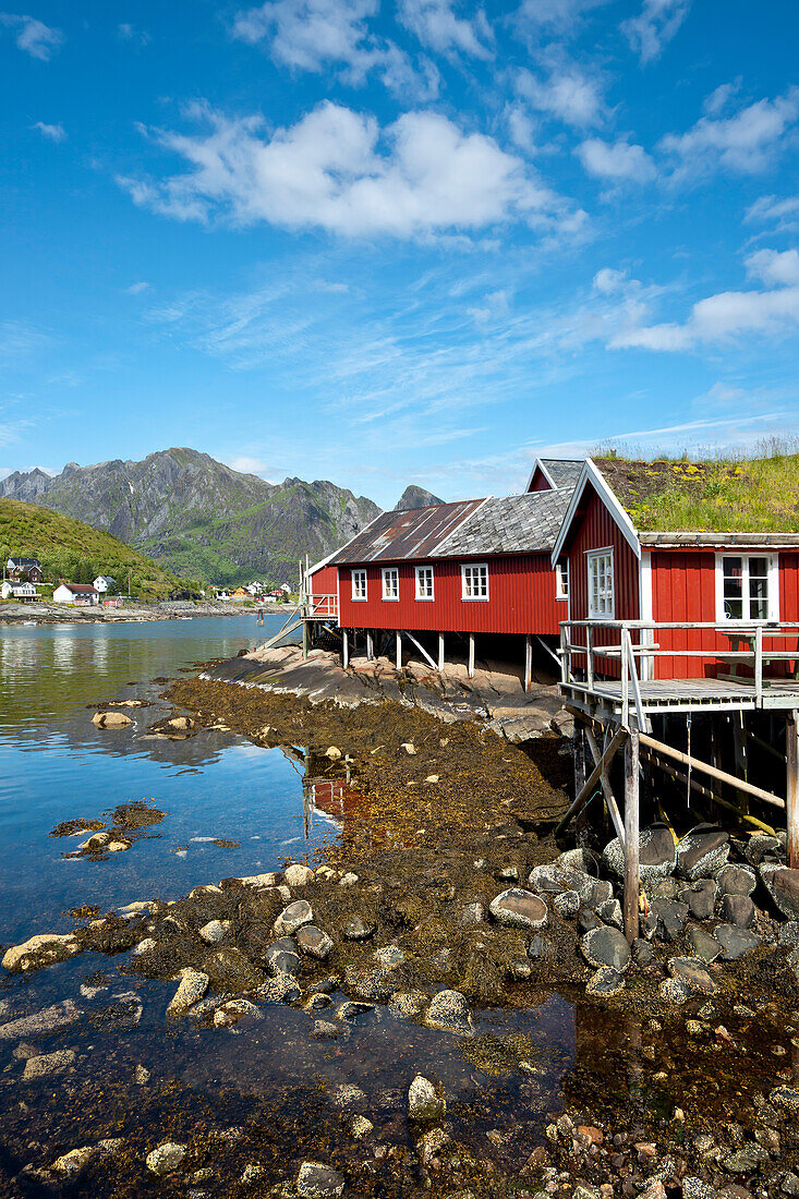 Traditional Rorbu fisherman`s hut, Reine village, Moskenesoya, Lofoten Islands, North Norway, Norway