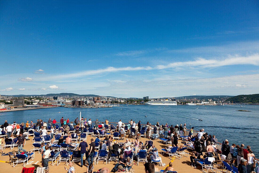 View from sun deck towards Oslo, Ferry cruise ship Color Fantasy, Oslo, South Norway, Norway