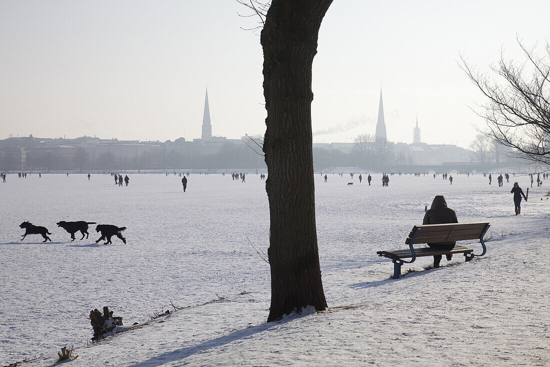 Menschen auf der zugefrorenen Alster im Winter, Hamburg, Deutschland