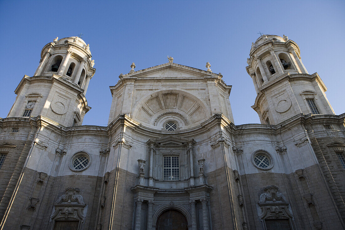 Cadiz Cathedral under blue sky, Cadiz, Andalucia, Spain, Europe