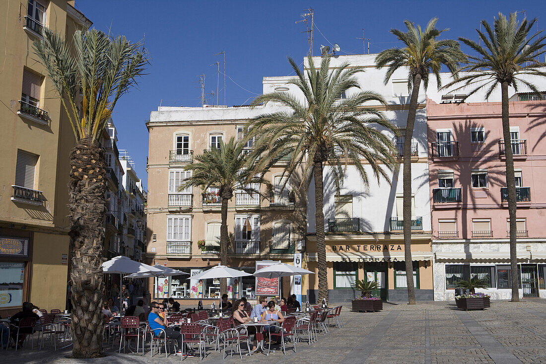 Palm trees and people at outdoor cafe seating at a square, Cadiz, Andalucia, Spain, Europe