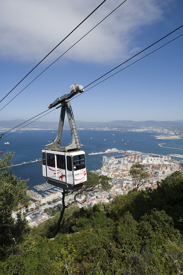Gibraltar cable car gondola and cityscape, Upper Rock Nature Reserve, Gibraltar, Europe