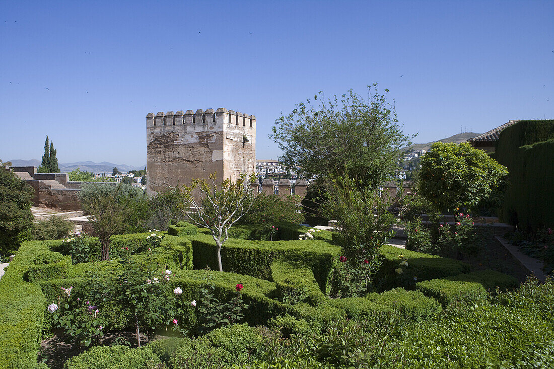 Gärten am Alhambra Palast im Sonnenlicht, Granada, Andalusien, Spanien, Europa