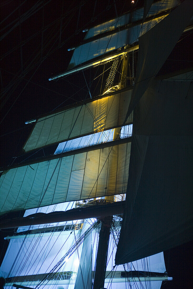 Festively illuminated sails aboard sailing cruiseship Royal Clipper, Mediterranean Sea, Europe