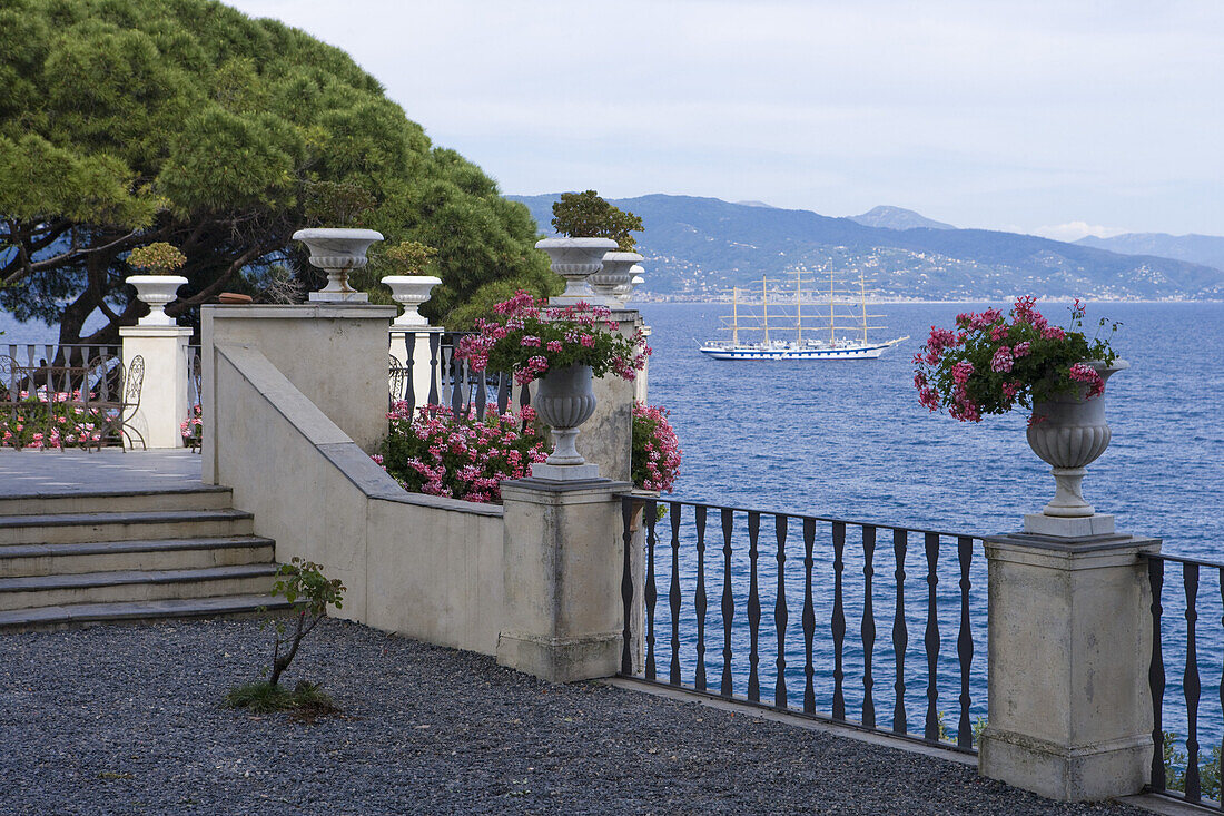 Terrace at La Cervara Abbazia with sailing cruiseship Royal Clipper (Star Clipper Cruises), Portofino, Liguria, Italy, Europe