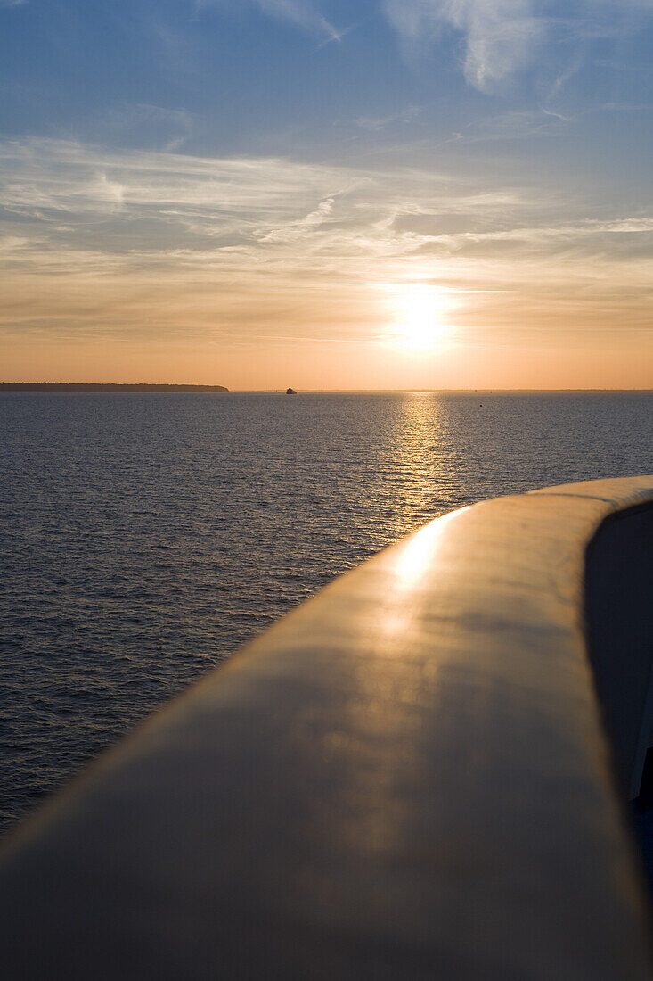 Railing aboard cruiseship MS Princess Daphne at sunset, Portsmouth, Hampshire, England, Europe