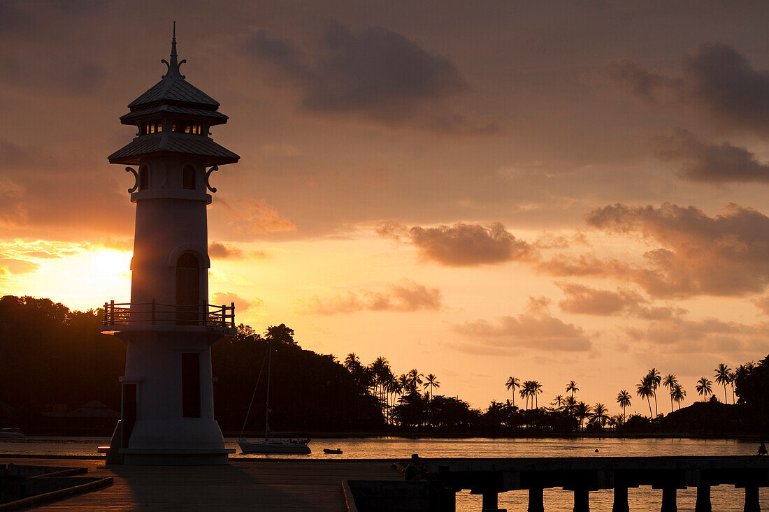 Sunset at the lighthouse Ban Bang Bao, Koh Chang Island, Trat Province, Thailand, Asia