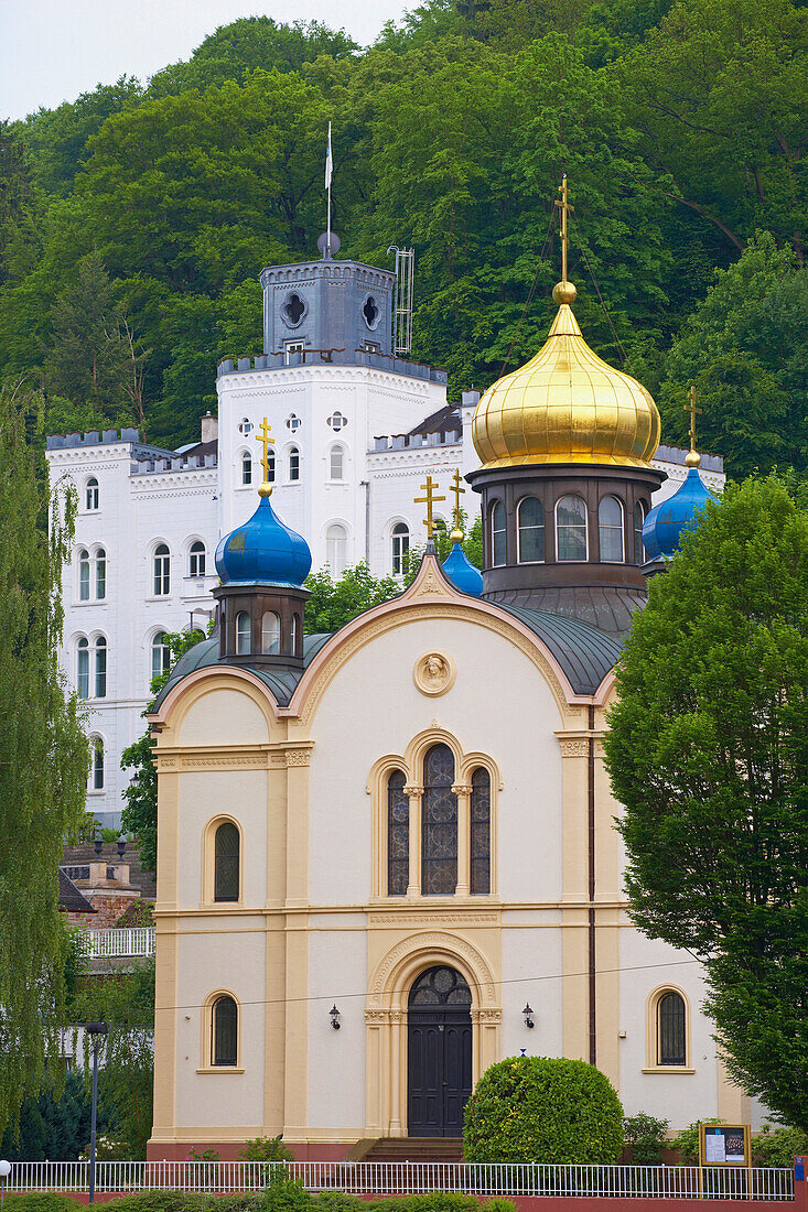 Russian Orthodox Church Saint Alexandra, artists’ house Balmoral castle in background, Bad Ems, Rhineland-Palatinate, Germany