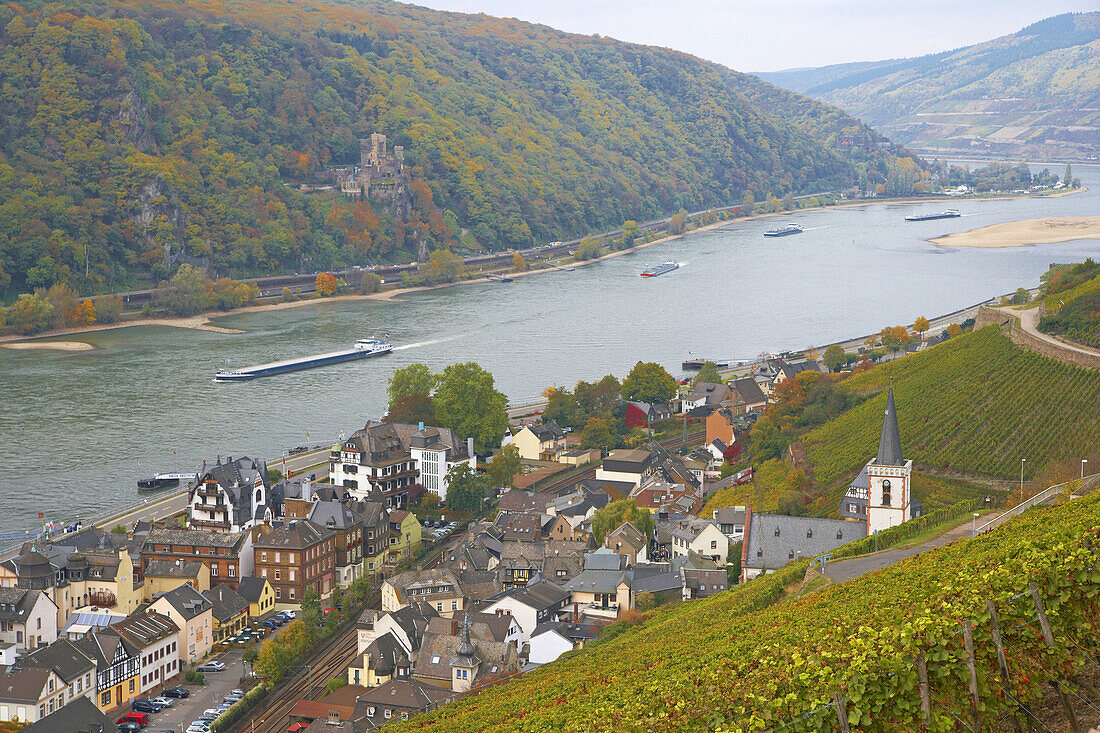 View over Assmannshausen at Rheinstein castle, Cultural Heritage of the World: Oberes Mittelrheintal (since 2002), Mittelrhein, Rhineland-Palatinate, Hesse, Germany, Europe