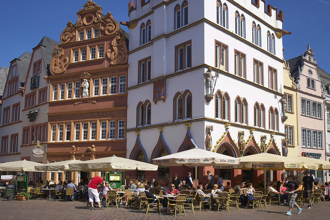 Main market with Steipe and Rotes Haus, Trier, Mosel, Rhineland-Palatinate, Germany, Europe