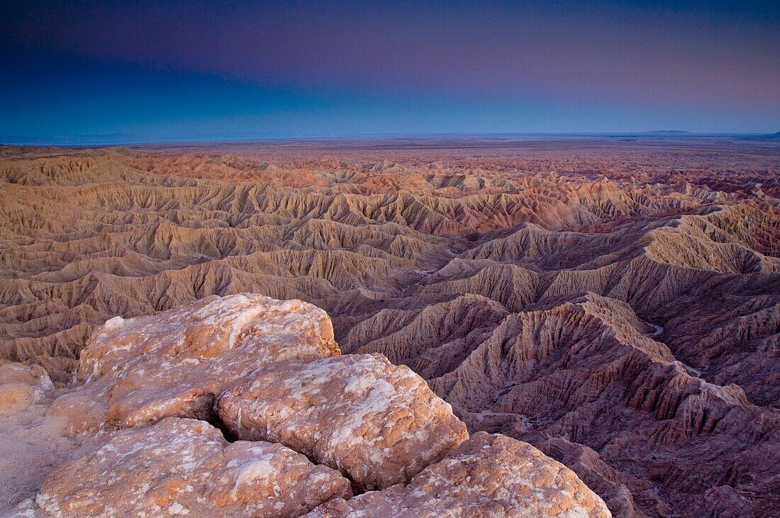 Evening light over eroded hills at the Borrego Badlands, from Fonts Point, Anza Borrego Desert State Park, San Diego County, California