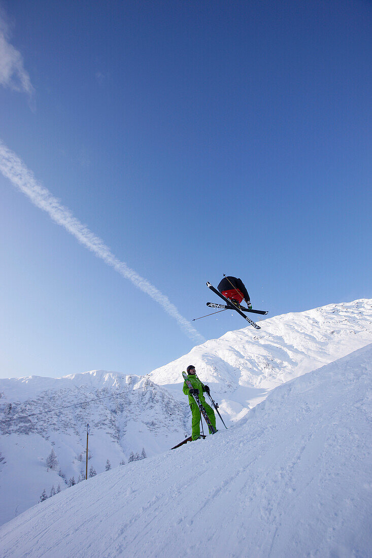 Male free skier jumping, Vans Penken Park, Mayrhofen, Ziller river valley, Tyrol, Austria