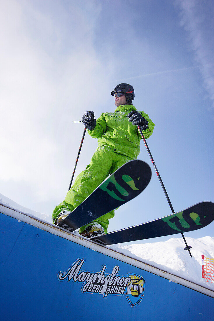 Male free skier on ramp, Vans Penken Park, Mayrhofen, Ziller river valley, Tyrol, Austria