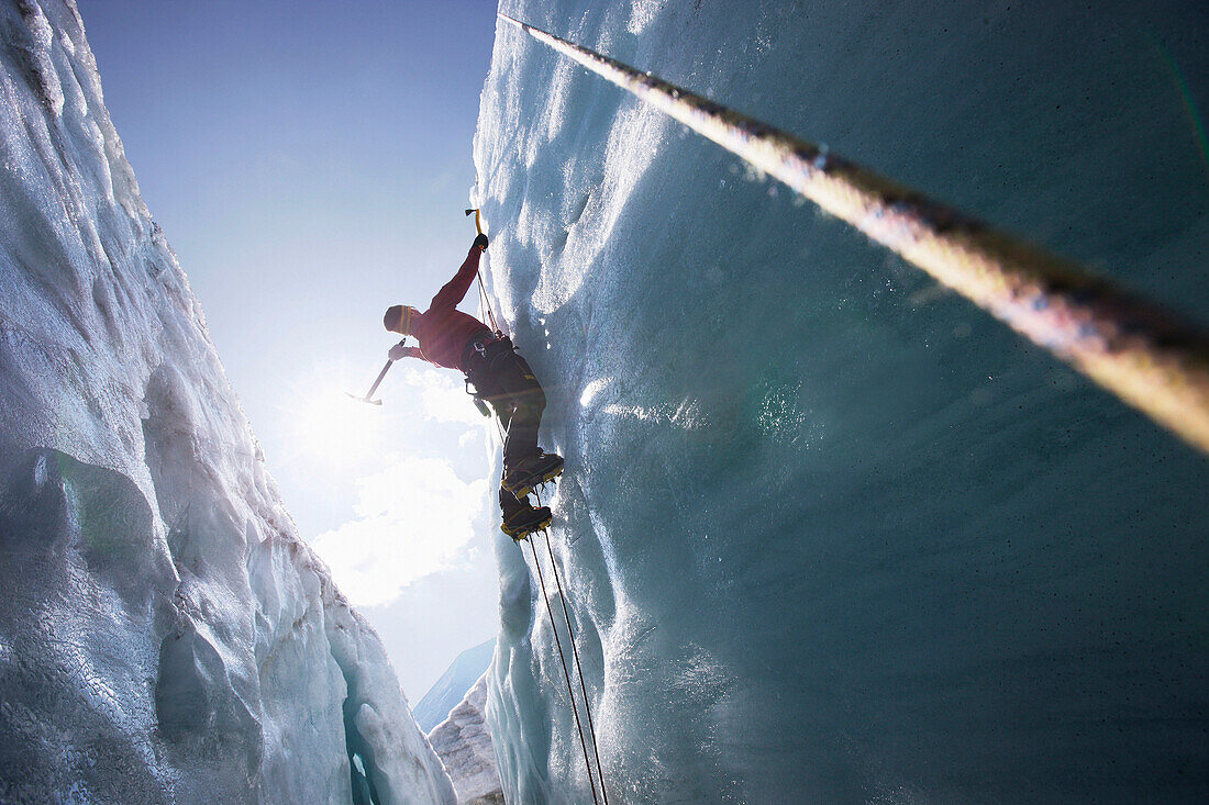 Man ice climbing, Pasterze Glacier, Grossglockner, Carinthia, Austria