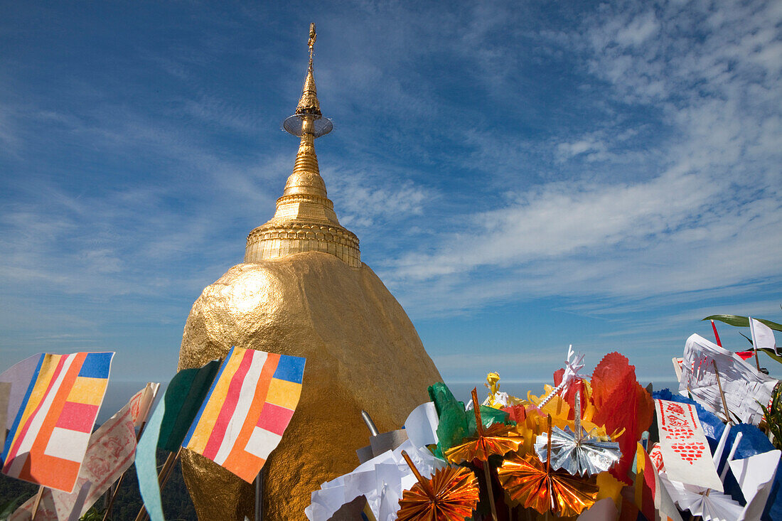 The Golden Rock with flags, Buddhistic pilgrim destination Kyaikhtiyo Pagoda, Mon State, Myanmar, Birma, Asia