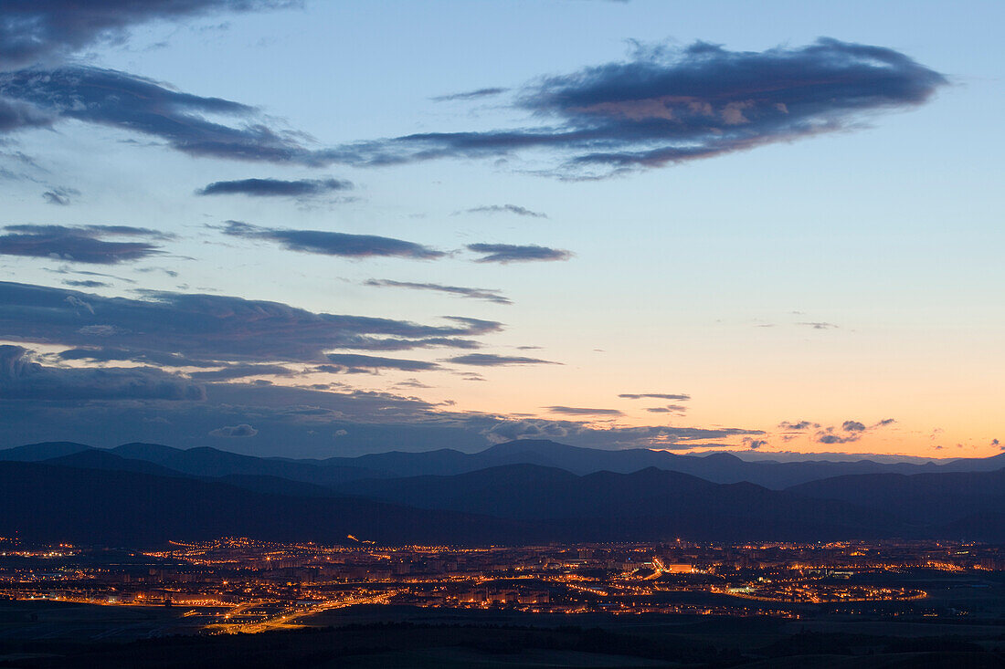 View of Pamplona from Alto del Perdon, Sierra del Perdon, near Pamplona, Camino Frances, Way of St. James, Camino de Santiago, pilgrims way, UNESCO World Heritage, European Cultural Route, province of Navarra, Northern Spain, Spain, Europe