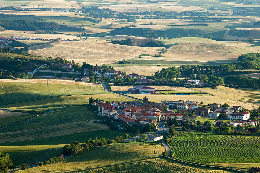 View of Zariquiegui from Alto del Perdon, Sierra del Perdon, near Pamplona, Camino Frances, Way of St. James, Camino de Santiago, pilgrims way, UNESCO World Heritage, European Cultural Route, province of Navarra, Northern Spain, Spain, Europe