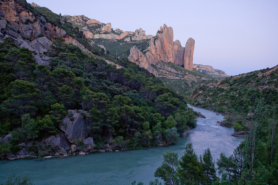 Rock formation, mountains, Los Mallos de Riglos, near Riglos, Rio Gallego, river, Way of St. James, Camino de Santiago, pilgrims way, province of Huesca, Aragon, Northern Spain, Spain, Europe