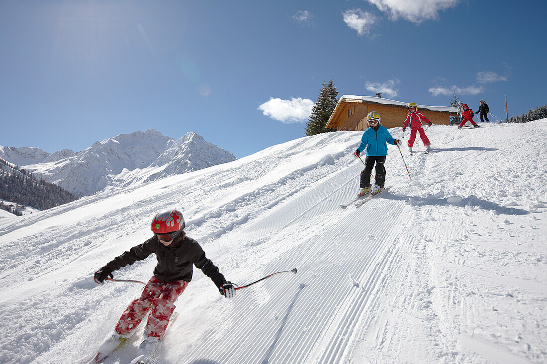 Children skiing, Schlosslelift, Hirschegg, Kleinwalsertal, Vorarlberg, Austria