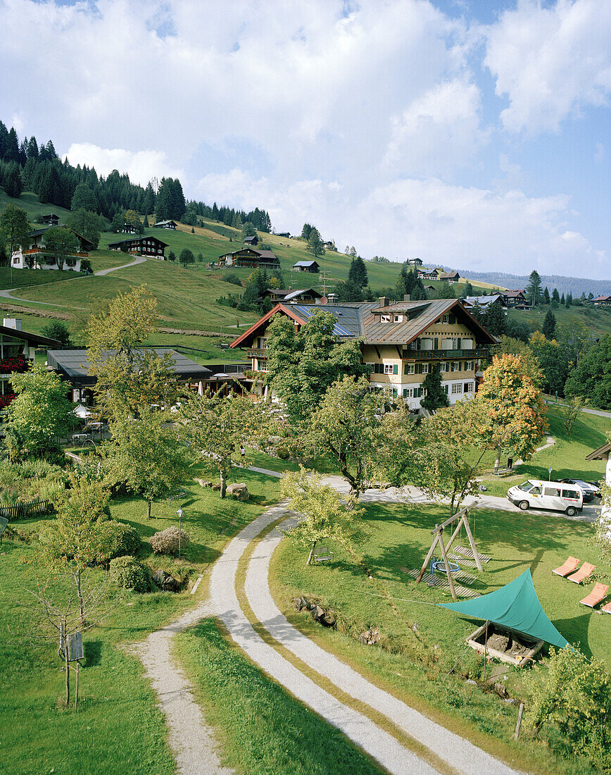 Driveway leading to organic Hotel Chesa Valisa, Hirschegg, Kleinwalsertal, Styria, Austria