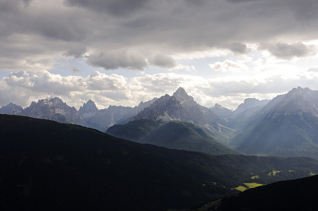 Dreischusterspitze under clouded sky, Innichen, Val Pusteria, Dolomites, South Tyrol, Italy, Europe