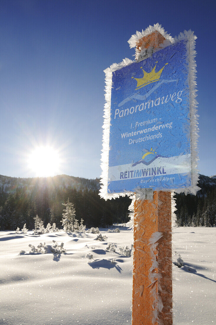 Frosted sign in winter landscape, Hemmersuppenalm, Reit im Winkl, Chiemgau, Upper Bavaria, Bavaria, Germany, Europe