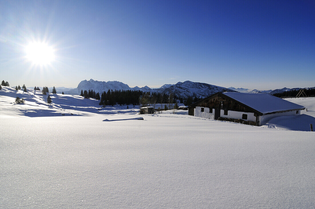 Alpine hut and snowy landscape in the sunlight, Eggenalm, Reit im Winkl, Chiemgau, Upper Bavaria, Bavaria, Germany, Europe