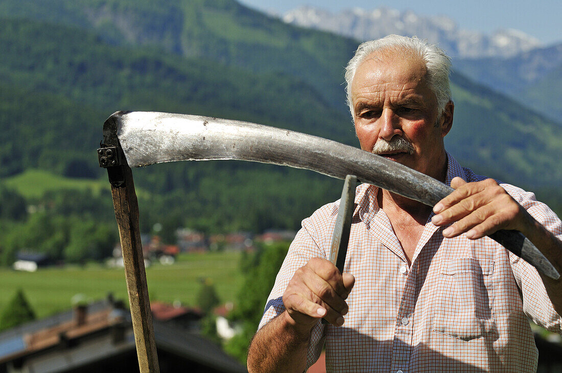 Farmer sharpening scythe, Reit im Winkl, Bavaria, Germany, Europe