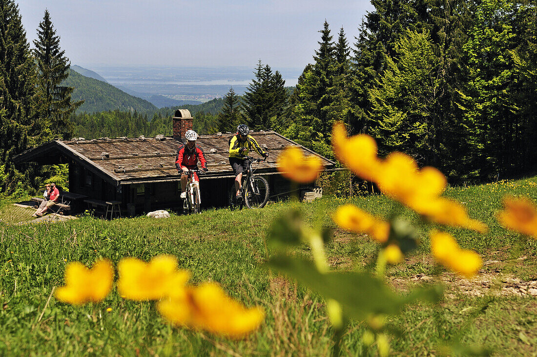 People on mountain bikes at Hindenburg hut, Reit im Winkl, Bavaria, Germany, Europe