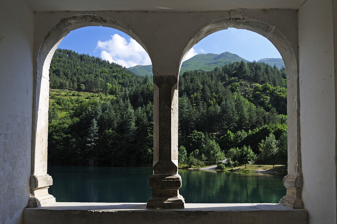 View out of a window at lake Lago di Scanno, Abruzzi, Italy, Europe