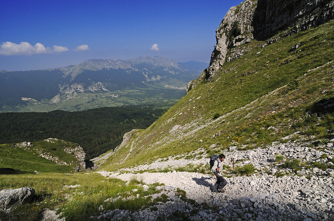 Hiker at ascent through Rava del Ferro at Monte Amaro, Caramanico Terme, Maiella Mational Park, Abruzzi, Italy, Europe