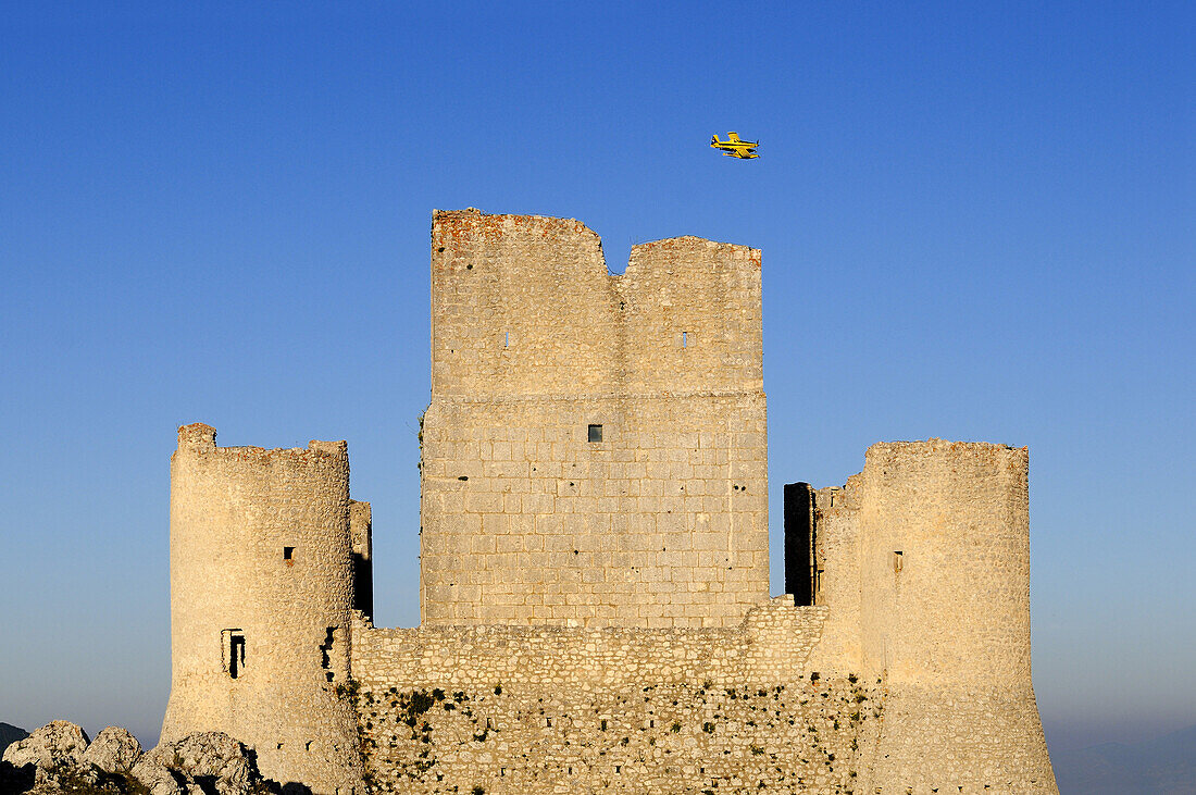 Castle Rocca Calascio under blue sky, Campo Imperatore, Gran Sasso National Park, Abruzzi, Italy, Europe