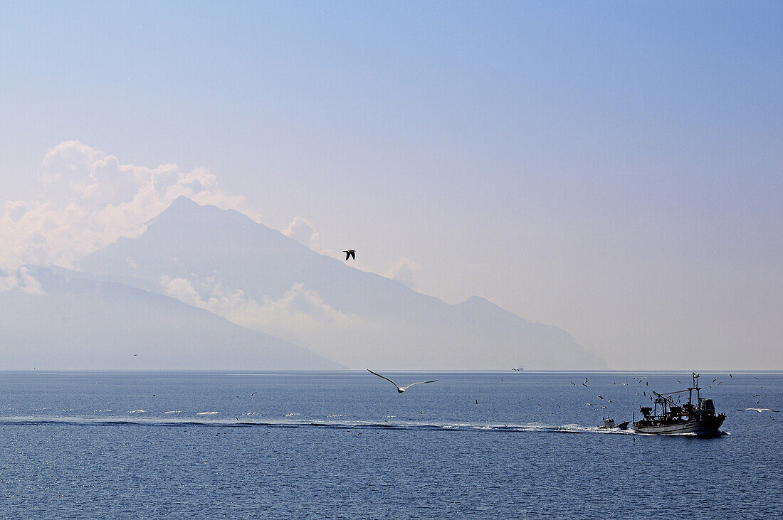 Athos mountain, Fishing boat, Chalkidiki, Greece