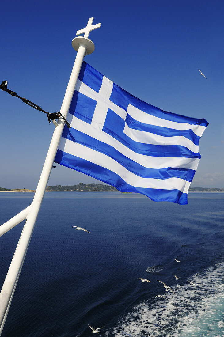 Griechenland-Flagge, Fahrt zum Berg Athos, Chalkidiki, Griechenland