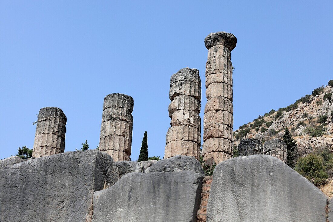 Temple of Apollo at the Sanctuary of Apollo (4th century B.C.), Mount Parnassus, Delphi. Greece