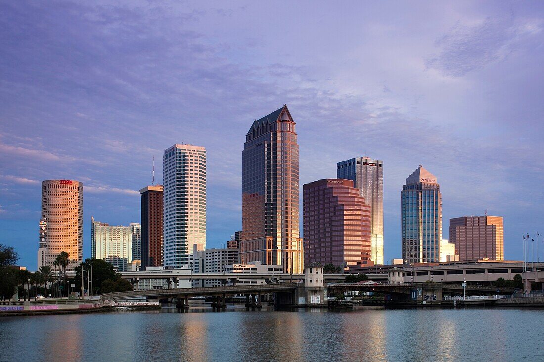 USA, Florida, Tampa, skyline from Hillsborough Bay, dawn