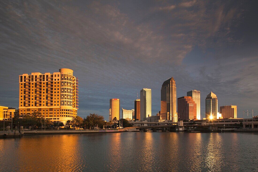 USA, Florida, Tampa, skyline from Hillsborough Bay, sunrise