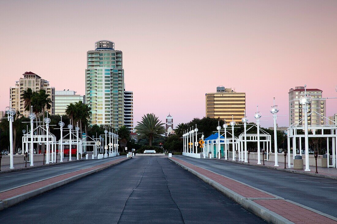 USA, Florida, St Petersburg, skyline from The Pier, dawn