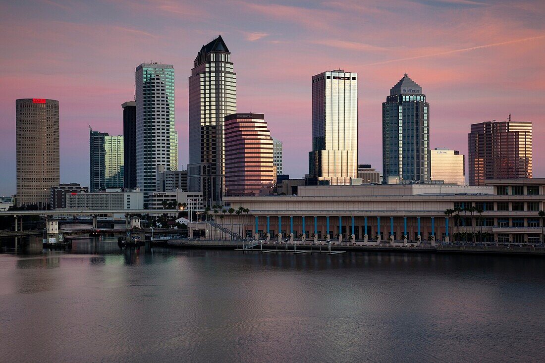 USA, Florida, Tampa, skyline from Hillsborough Bay, elevated view, dawn