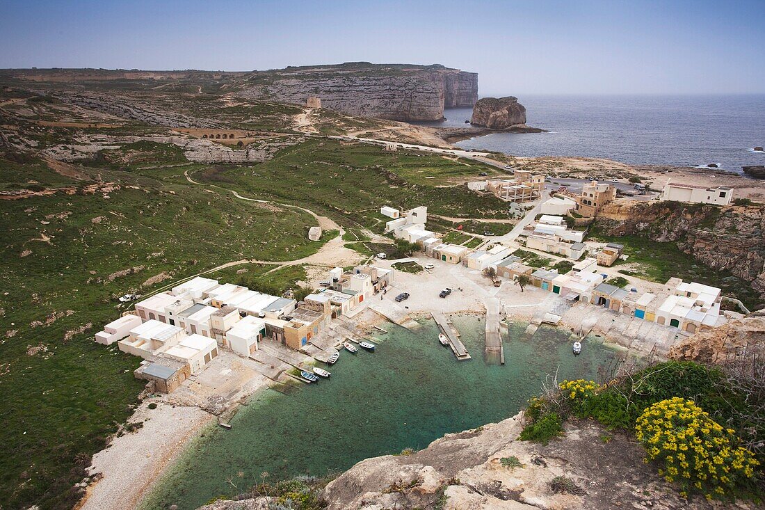 Malta, Gozo Island, Dwejra, Inland Sea and fishing huts