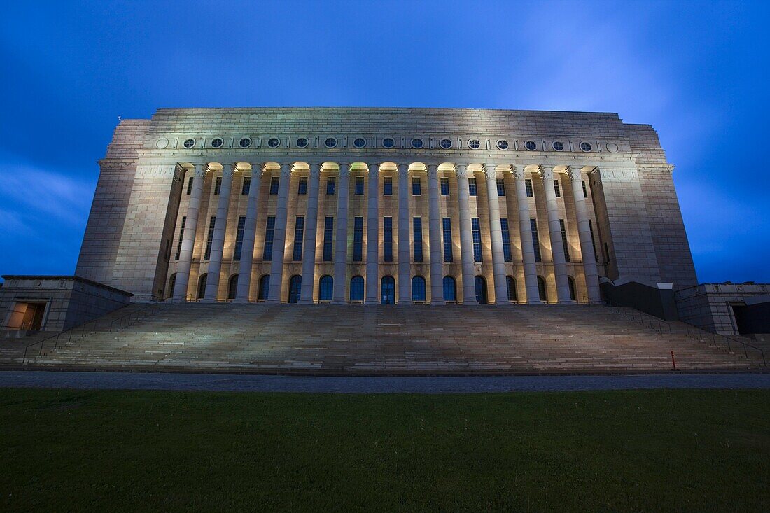 Finland, Helsinki, Finnish Parliament building, evening, exterior