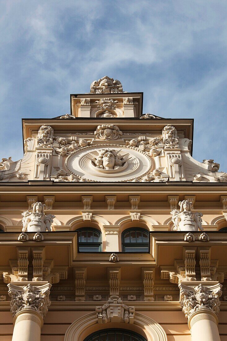 Latvia, Riga, Art Nouveau District, building detail at 13 Alberta Iela Street