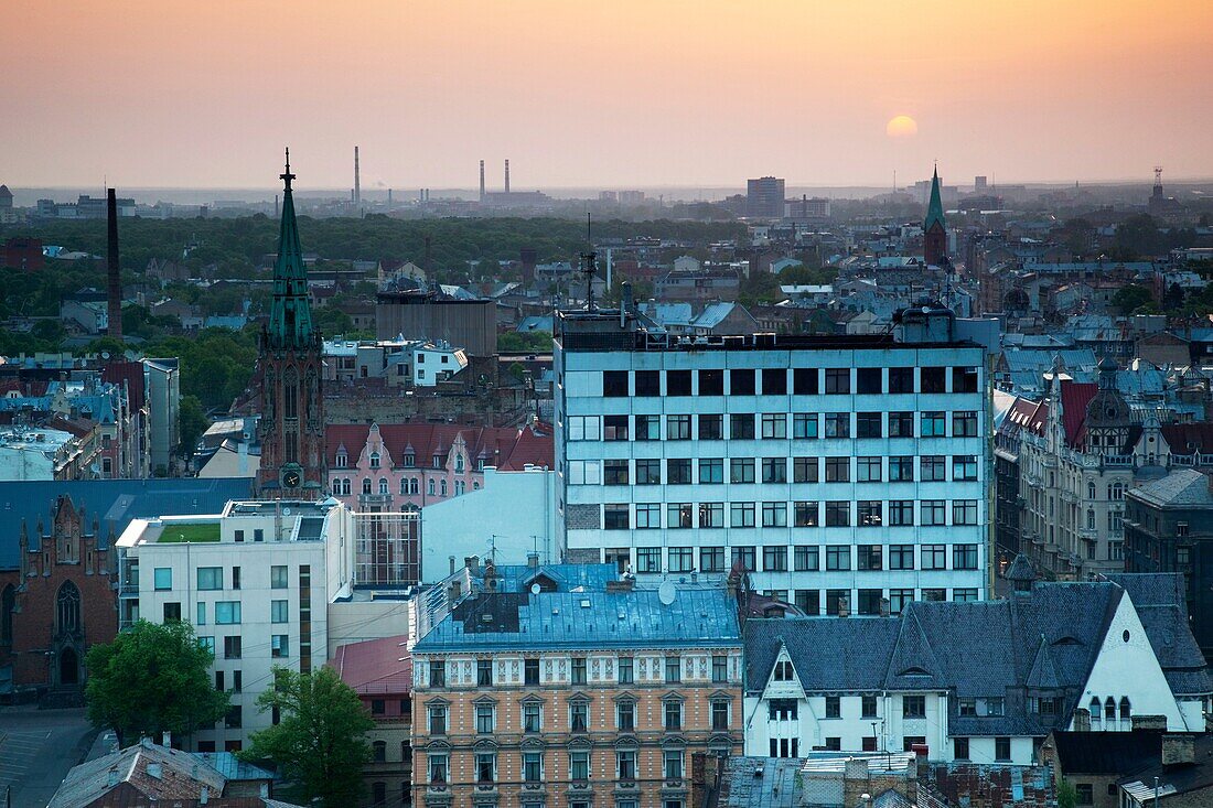 Latvia, Riga, elevated view of New Riga at dawn