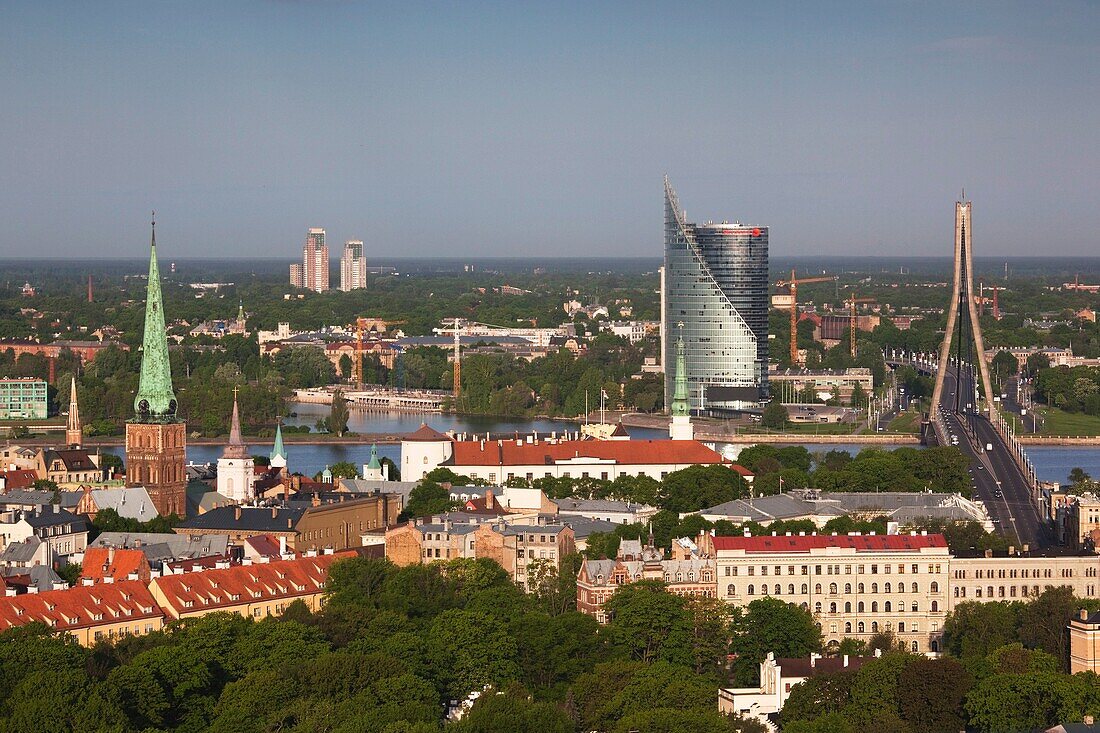 Latvia, Riga, elevated view of Old Riga, Vecriga toward the Daugava River, morning